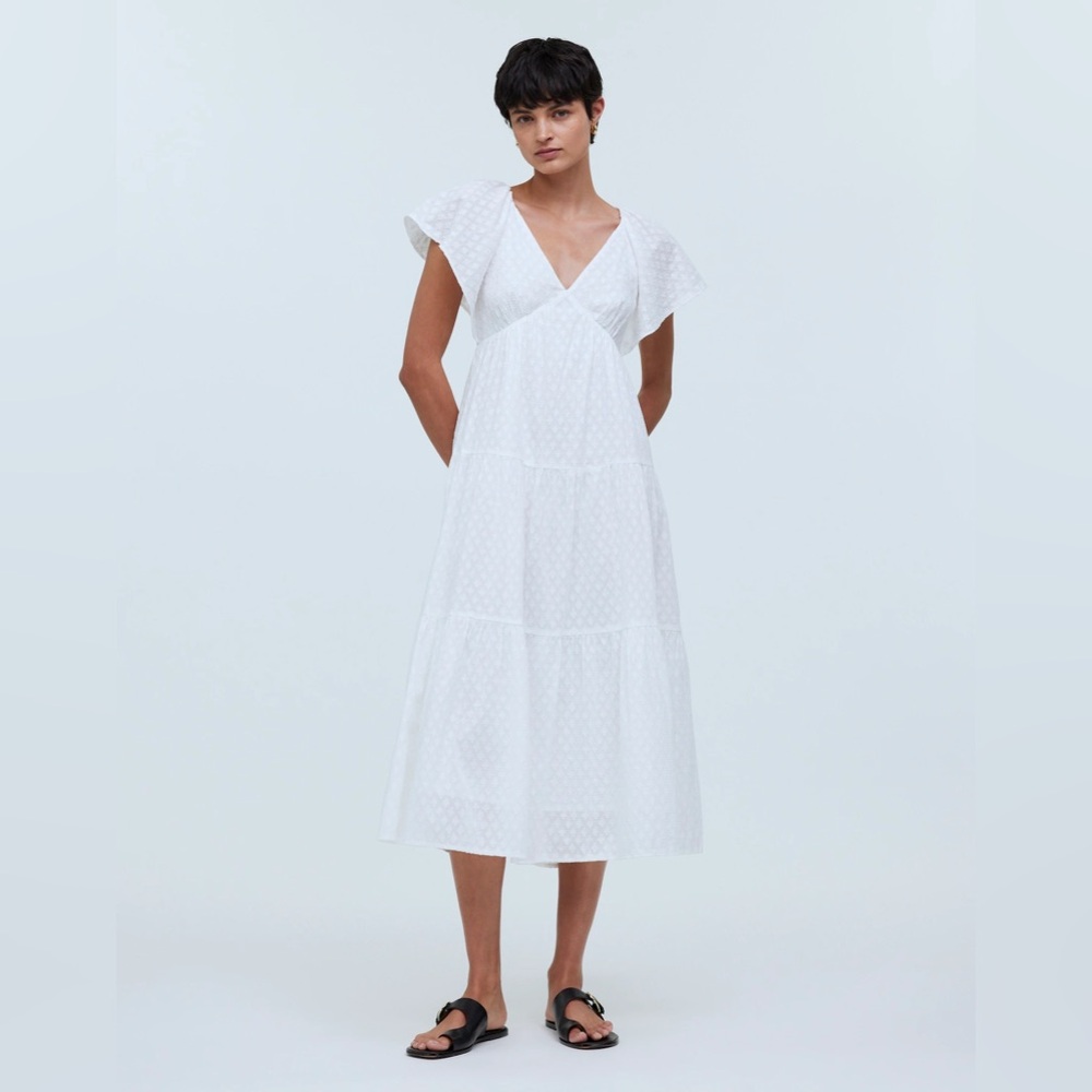 NWT Madewell Tie-Back Flutter-Sleeve Tiered Midi Dress - White- 6